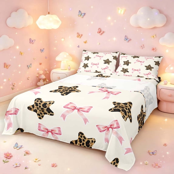 Manfei Watercolor Pink Bowtie Queen Sheets,Cute Leopard Print Stars Queen Sheet Sets,Beige Pink,4-Piece,1 Flat Sheet,1 Fitted Sheet and 2 Pillowcases