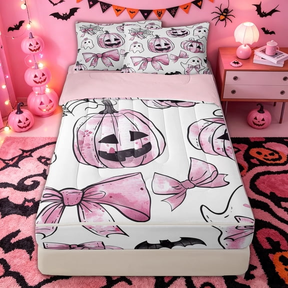 Manfei Watercolor Pink Ghost Print Zipper Twin Comforter Sets with Fitted Sheet and 2 Pillowcases for Teens, Halloween Bow Spider Web Zipper Bedding Set, Pink Reversible, 4 Pieces
