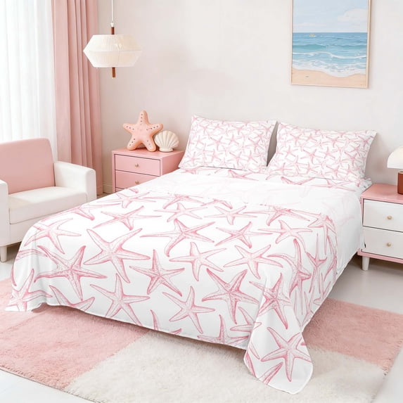 Manfei Watercolor Pink Starfish Full Size Sheets for Kids Girls, Kawaii Ocean Wildlife Bed Sheets 4-Piece, 1 Flat Sheet, 1 Fitted Sheet and 2 Pillowcases