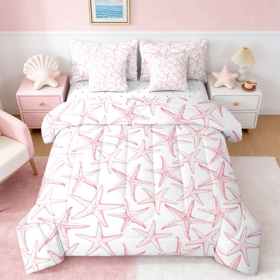 Manfei Watercolor Pink Starfish Twin Bedding Sets for Kids Girls, Kawaii Ocean Wildlife Bedding Comforter Set, Reversible 7-Piece