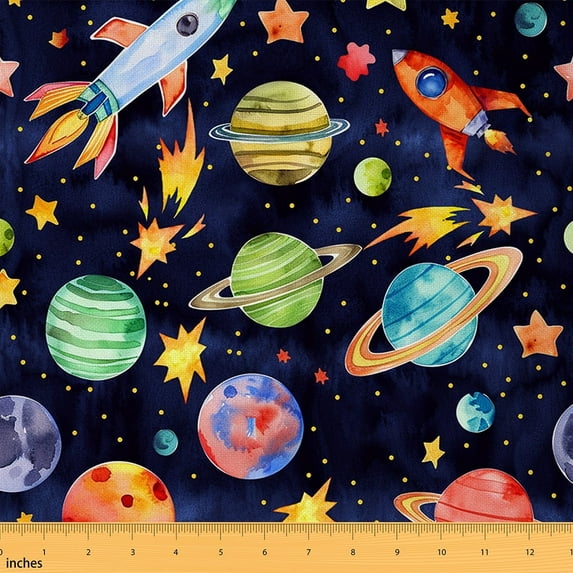 Manfei Watercolor Planets Fabric by the Yard (1 Yard) for Kids Boys, Outer Space Rocket Decorative Fabric by the Yard, Universe Celestial Sewing & Crafting Fabric
