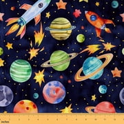 Manfei Watercolor Planets Fabric by the Yard 1 Yard for Kids Boys, Outer Space Rocket Decorative Fabric by the Yard, Universe Celestial Sewing & Crafting Fabric