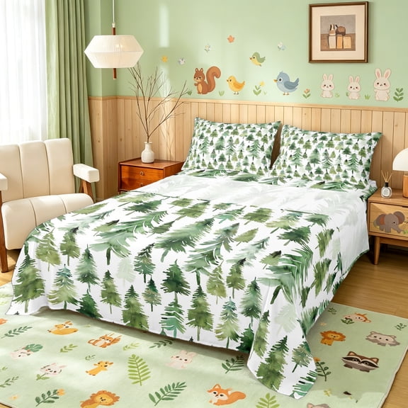 Manfei Watercolor Plant King Sheets, Forest Pine Tree Bedding, White Green, 4pcs, 1 Flat Sheet, 1 Fitted Sheet and 2 Pillowcases
