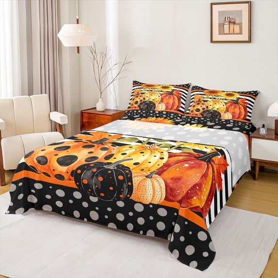 Manfei Watercolor Polka Dot Pumpkin Queen Sheets for Kids, Black White Sunflower Stripe Queen Sheet Sets, 4pcs, 1 Flat Sheet, 1 Fitted Sheet and 2 Pillowcases