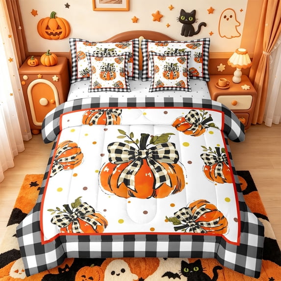 Manfei Watercolor Pumpkin Print 7-Piece Twin Bedding,Harvest Pumpkin Print Bedding Comforter Set,Reversible