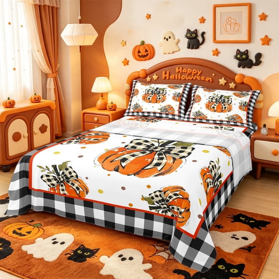 Manfei Watercolor Pumpkin Print Queen Sheets,Harvest Pumpkin Print Queen Sheet Sets,4-Piece,1 Flat Sheet,1 Fitted Sheet and 2 Pillowcases