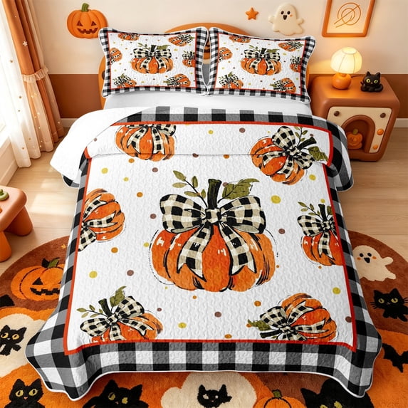 Manfei Watercolor Pumpkin Print Quilt King,Harvest Pumpkin Print King Coverlet Set,3 Pieces,1 Bedspread and 2 Pillowcases
