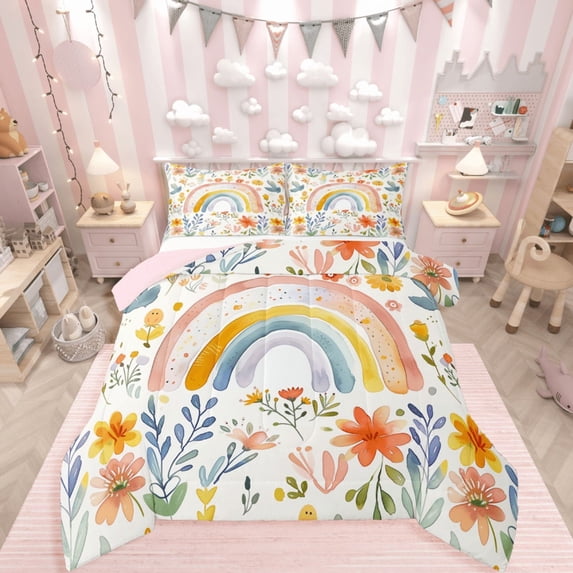 Manfei Watercolor Rainbow 3 Pieces Queen Comforter Set,Cartoon Flower Ultra Soft Bedding Sets,Gradient Ombre Bedding Comforter Set,Super Cozy Floral Room Decor,Reversible