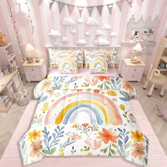 Manfei Watercolor Rainbow 7-Piece Bedding Comforter Set,Cartoon Flower King Bedding Sets,Gradient Ombre Ultra Soft Bed Sheets,Super Cozy Floral Room Decor,Reversible