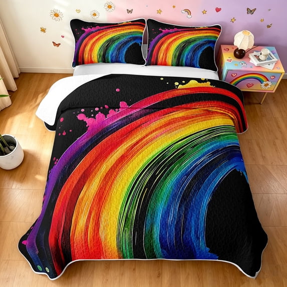 Manfei Watercolor Rainbow Bed Spread Queen, Graffiti Lines Art Queen Coverlet Set, Black Rainbow, 3-Piece, 1 Quilt and 2 Pillowcases