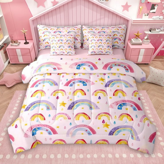 Manfei Watercolor Rainbow Child 7-Piece Twin Bedding Sets, Cartoon Stars Print Bedding Comforter Set, Chic Artwork Reversible Sheet Sets, Lightweight Room Decor