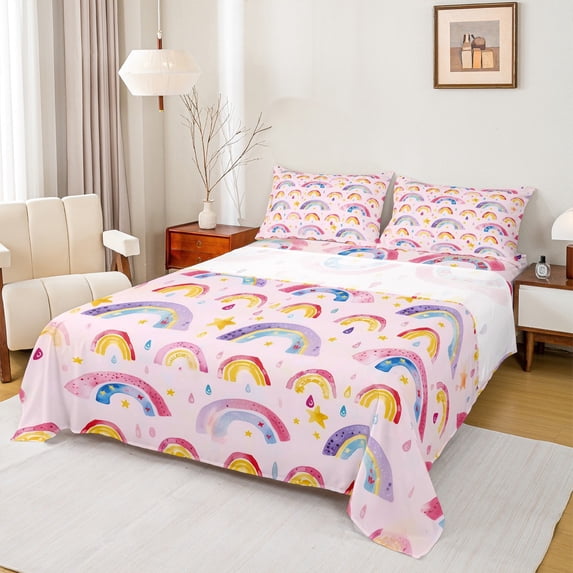 Manfei Watercolor Rainbow Child Bed Sheets, Cartoon Stars Print King Sheets, Chic Artwork Sheet Set, Lightweight Room Decor, 4pcs