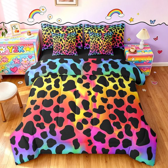 Manfei Watercolor Rainbow Full Size Bedding Sets, Fashion Cheetah Print Full Size Bed in a Bag, Black Pink, Black Reversible, 7-Piece