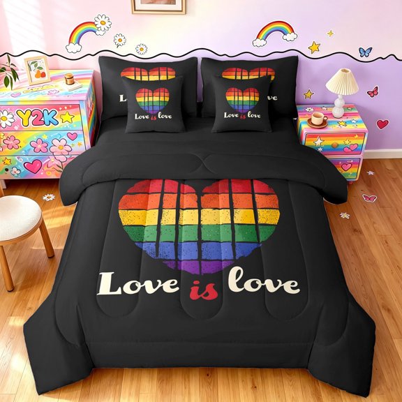 Manfei Watercolor Rainbow Full Size Bedding Sets, Letter Love is Love Full Size Bed in a Bag, Black Orange, Black Reversible, 7pcs