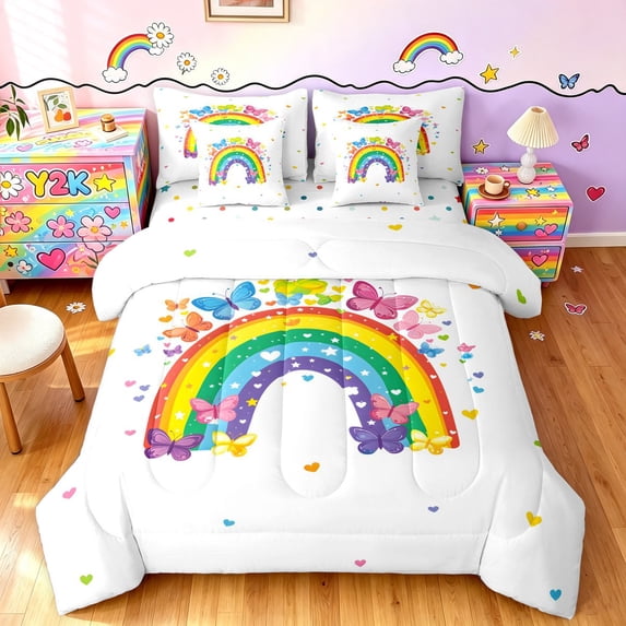 Manfei Watercolor Rainbow King Bedding, Cartoon Butterfly King Bed in a Bag, White Green Yellow, Polkadot Reversible, 7-Piece