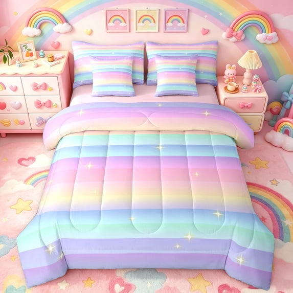 Manfei Watercolor Rainbow King Bedding, Dreamy Lines Abstract King Bed in a Bag, Blue Purple, Pink Reversible, 7 Pieces