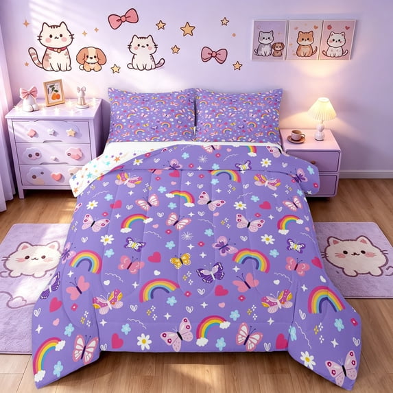 Manfei Watercolor Rainbow King Size Comforter Sets, Kawaii Butterfly Flower Comforters King Size, Purple, Stars Reversible, 3-Piece, 1 Comforter and 2 Pillowcases