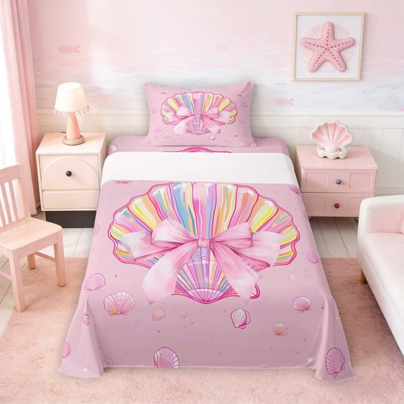 Manfei Watercolor Rainbow Seashell Pink Bow Twin Sheet Sets for Girls, Cute Girlish Print Bedding 3 Pieces, 1 Flat Sheet, 1 Fitted Sheet and 1 Pillowcase
