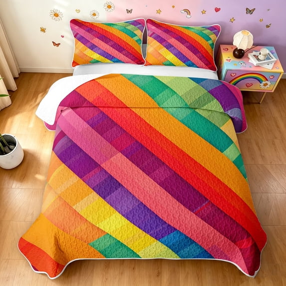Manfei Watercolor Rainbow Twin Quilt Set, Ink Blocks Art Twin Coverlet Set, Red Orange, 2pcs, 1 Bedspread and 1 Pillowcase