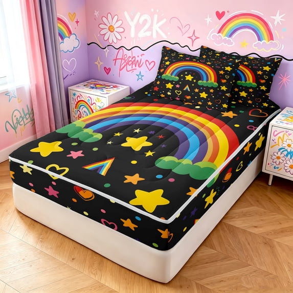 Manfei Watercolor Rainbow Zipper Queen Comforter Set with Fitted Sheet and 2 Pillowcases, Cute Stars Cloud Zipper Bedding Set, Black Orange, Black Reversible, 4pcs