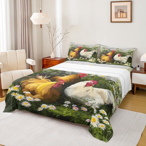 Manfei Watercolor Rooster Bed Sheets 4pcs, Farm Animal Chicken King Sheets, Botanical Daisy Sheet Set, Microfiber Bedroom Decor