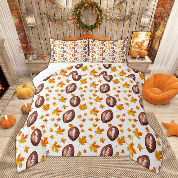 Manfei Watercolor Rugby Queen Comforter Set, Autumn Fallen Leaves Bedding Sets, American Football Sport Bedding Comforter Set, Lightweight Room Decor 3pcs