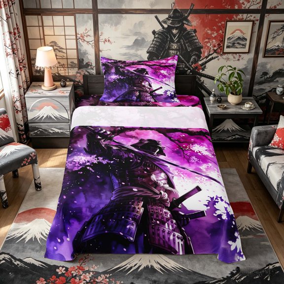Manfei Watercolor Samurai Twin Sheet Sets for Teens, Purple Sakura Bedding for Dorm, Black Purple Pink 3-Piece, 1 Flat Sheet, 1 Fitted Sheet and 1 Pillowcase