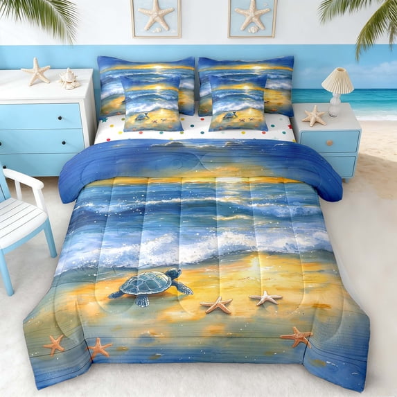 Manfei Watercolor Sea Turtle Bedding Comforter Set for Kids Boys and Girls, Coastal Sealife King Bedding Sets, Polka Dots Reversible 7 Pieces