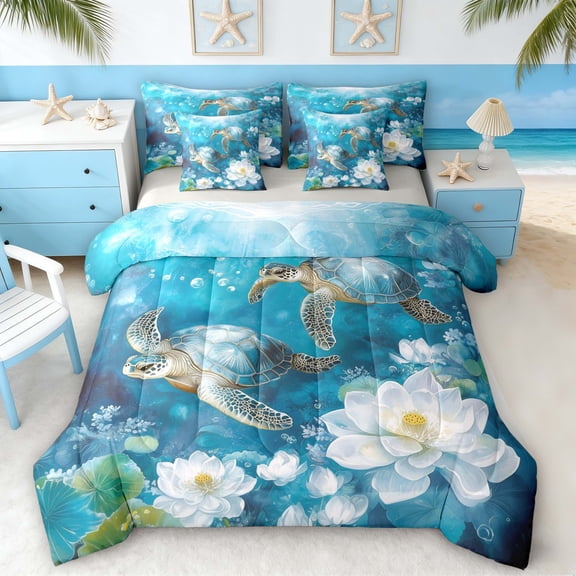 Manfei Watercolor Sea Turtle Bedding Comforter Set for Kids Boys and Girls, Underwater Lotus Coral Queen Bedding Sets, Gray Reversible 7pcs