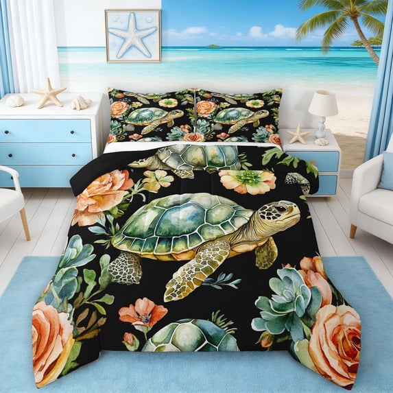 Manfei Watercolor Sea Turtle Full Size Comforter Sets for Kids Boys and Girls, Rose Succulent Floral Bedding Sets, Black Reversible 3-Piece, 1 Comforter and 2 Pillowcases