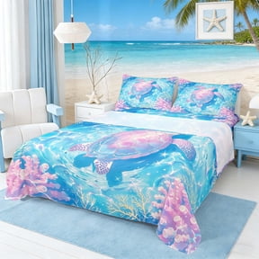 Manfei Watercolor Sea Turtle Full Size Sheets for Kids Boys and Girls, Pink Underwater Coral Bed Sheets 4pcs, 1 Flat Sheet, 1 Fitted Sheet and 2 Pillowcases