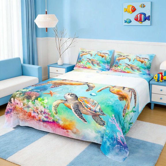 Manfei Watercolor Sea Turtle Full Size Sheets for Kids Boys and Girls, Cute Animal Bed Sheets 4pcs, 1 Flat Sheet, 1 Fitted Sheet and 2 Pillowcases
