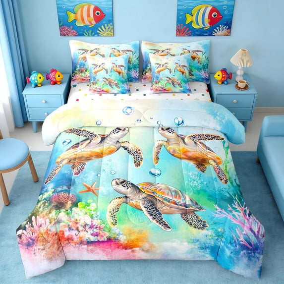 Manfei Watercolor Sea Turtle Twin Bedding Sets for Kids Boys and Girls, Cute Animal Bedding Comforter Set, Polka Dots Reversible 7pcs
