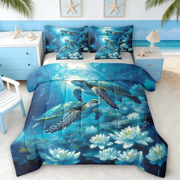 Manfei Watercolor Sea Turtle Twin Bedding Sets for Kids Boys and Girls, Marine Lotus Coral Bedding Comforter Set, Gray Reversible 7-Piece