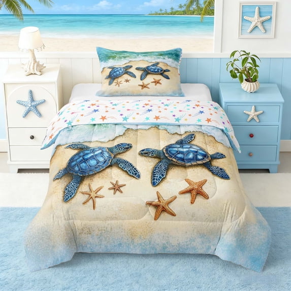 Manfei Watercolor Sea Turtle Twin Comforter Sets for Kids Boys and Girls, Coastal Beach Bedding Set, Stars Reversible 2 Pieces, 1 Comforter and 1 Pillowcase