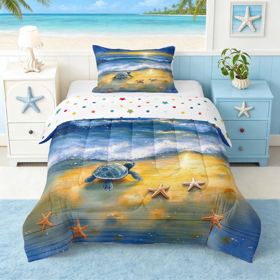 Manfei Watercolor Sea Turtle Twin Comforter Sets for Kids Boys and Girls, Coastal Sealife Bedding Set, Polka Dots Reversible 2 Pieces, 1 Comforter and 1 Pillowcase