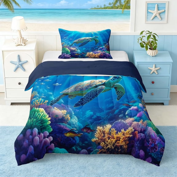 Manfei Watercolor Sea Turtle Twin Comforter Sets for Kids Boys and Girls, Underwater Coral Bedding Set, Navy Reversible 2-Piece, 1 Comforter and 1 Pillowcase