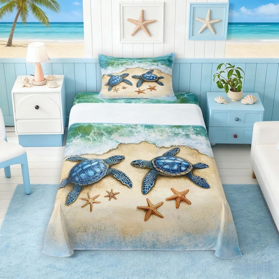 Manfei Watercolor Sea Turtle Twin Sheet Sets for Kids Boys and Girls, Coastal Beach Bedding 3 Pieces, 1 Flat Sheet, 1 Fitted Sheet and 1 Pillowcase