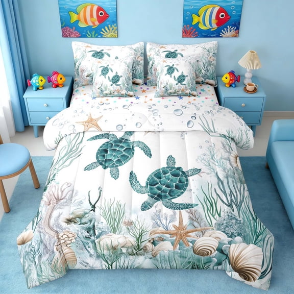 Manfei Watercolor Sea Turtle Underwater Coral Seashell Twin Bedding Sets for Kids Boys and Girls, Nautical Marine Life Print Bedding Comforter Set, Stars Reversible 7 Pieces