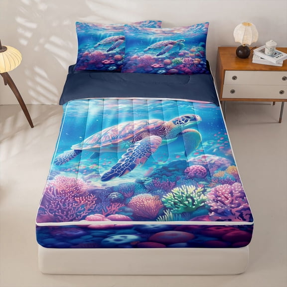 Manfei Watercolor Sea Turtle Zipper Twin Comforter Sets with Fitted Sheet and 2 Pillowcases for Kids Boys and Girls, Purple Coral Zipper Bedding Set, Navy Reversible, 4-Piece