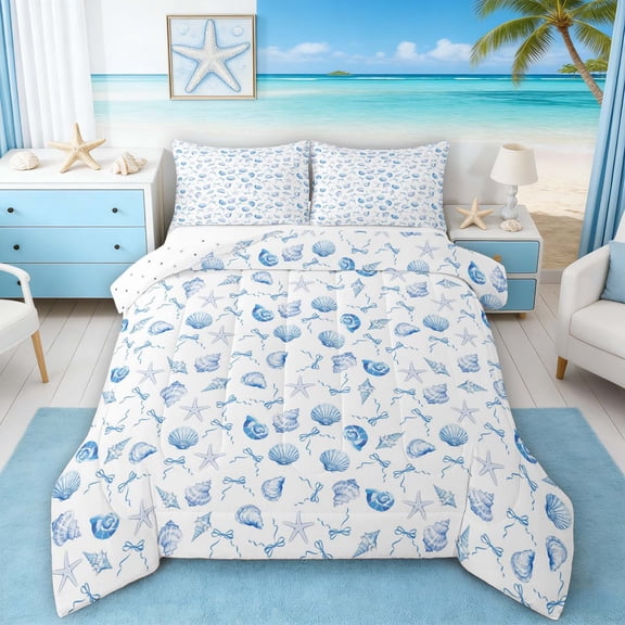 Manfei Watercolor Seashell Starfish Bow Queen Comforter Set for Kids Boys and Girls, Marine Blue Bedding Comforter Set, Reversible 3 Pieces, 1 Comforter and 2 Pillowcases