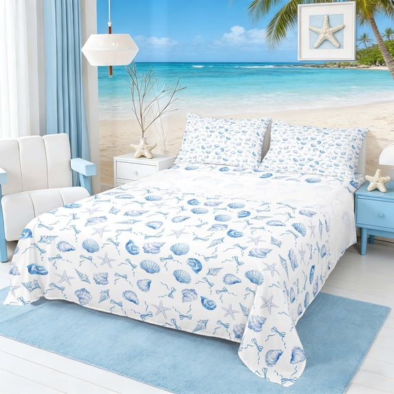 Manfei Watercolor Seashell Starfish Bow Queen Sheet Sets for Kids Boys and Girls, Marine Blue Bed Set 4 Pieces, 1 Flat Sheet, 1 Fitted Sheet and 2 Pillowcases