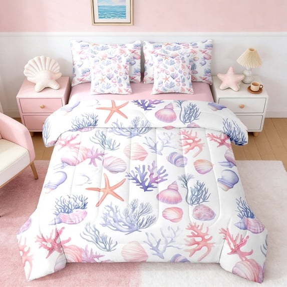 Manfei Watercolor Seashell Starfish Coral Bedding Comforter Set for Kids Boys and Girls, Cartoon Sealife Full Bedding Set, Pink Reversible 7 Pieces