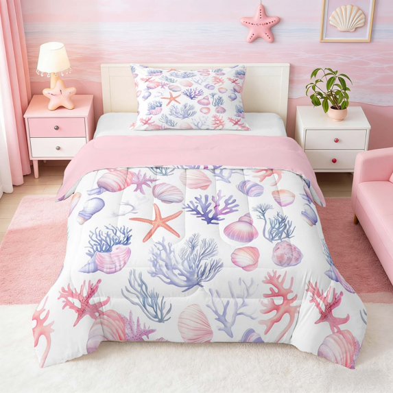 Manfei Watercolor Seashell Starfish Coral Twin Comforter Sets for Kids Boys and Girls, Cartoon Sealife Bedding Set, Pink Reversible 2 Pieces, 1 Comforter and 1 Pillowcase