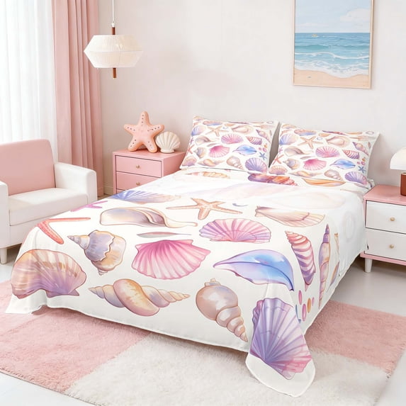 Manfei Watercolor Seashell Starfish Queen Sheet Sets for Kids Boys and Girls, Coastal Sealife Bed Set 4-Piece, 1 Flat Sheet, 1 Fitted Sheet and 2 Pillowcases