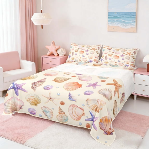 Manfei Watercolor Seashell Starfish Queen Sheet Sets for Kids Boys and Girls, Kawaii Ocean Wildlife Bed Set 4 Pieces, 1 Flat Sheet, 1 Fitted Sheet and 2 Pillowcases