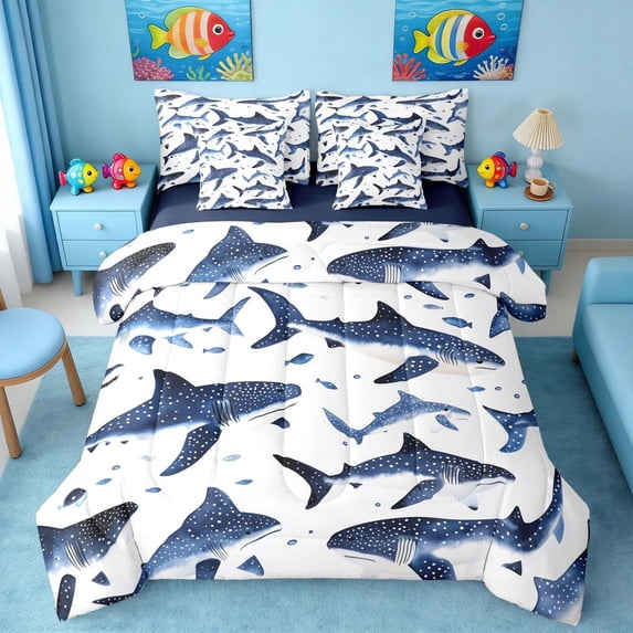 Manfei Watercolor Shark Bedding Comforter Set for Kids Boys and Girls, Marine Life Print King Bedding Sets, Navy Reversible 7pcs