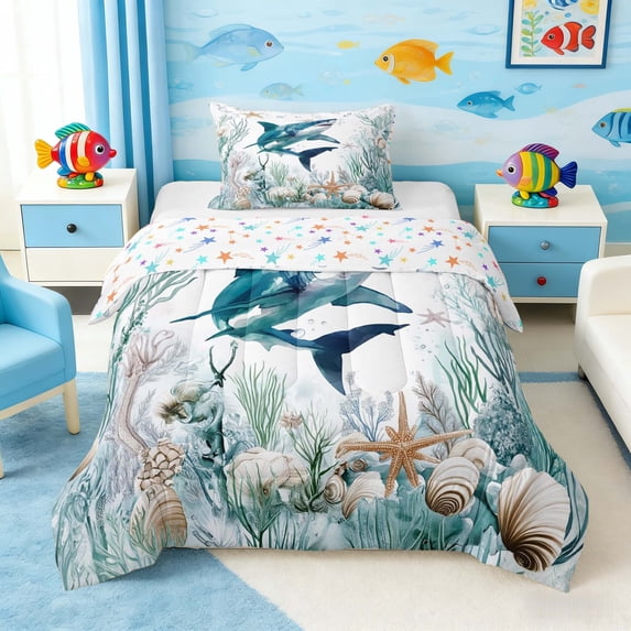 Manfei Watercolor Shark Underwater Coral Seashell Twin Comforter Sets for Kids Boys and Girls, Nautical Marine Life Print Bedding Set, Stars Reversible 2 Pieces, 1 Comforter and 1 Pillowcase