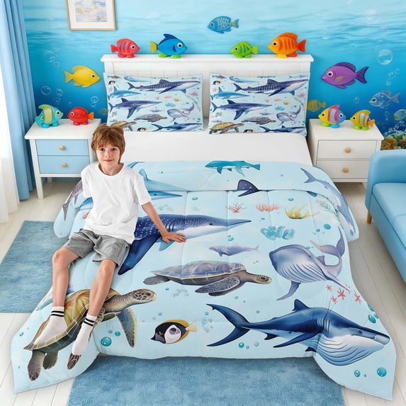 Manfei Watercolor Shark Whale Turtle Full Size Comforter Sets for Kids Boys and Girls, Ocean Animal Print Bedding Sets, Navy Reversible 3pcs, 1 Comforter and 2 Pillowcases