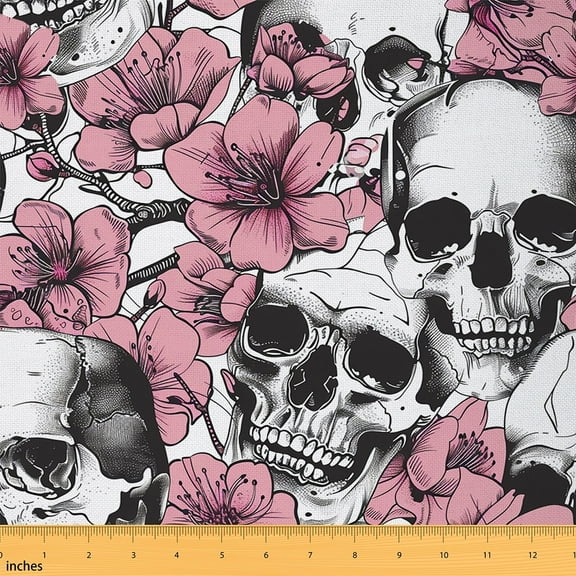 Manfei Watercolor Skull Skeleton Sewing & Crafting Fabric (1 Yard), Vintage Pink Flower Home Decor Fabric by the Yard, Gothic Theme DIY Fabric